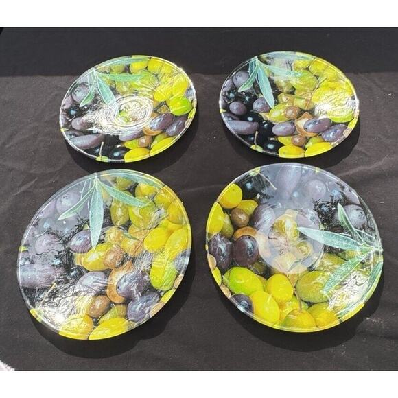 Beautiful Set of 4 Olive 8” Round Photo Bar Martini Wine Plates Unmarked - Picture 3 of 11